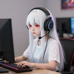white long haired red eyed young cute girl wearing headset playing computer game kyoto animation style, pixiv ranking, mika pikazo, anmi, yumei