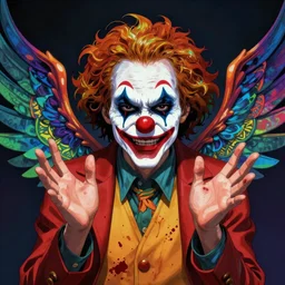 4K headshot of godlike clown with clown nose and defined arms and open hands and bloody clothes with giant mandala wings , intricate runny clown face make-up , flawless anime cel animation by Kentaro Miura, psychedelic , highly detailed upper body , professionally post-processed , beautif