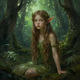 young girl dryad in an enchanted forest. green atmospheric lighting. highly detailed matte painting by greg rutkowski.