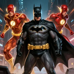 ven as batman, with the powers of flash, dynamic lighting, fantasy concept art, trending on art station, stunning visuals, creative, cinematic, ultra detailed, comic strip style