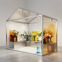 flower retail store, minimal, stainless steel and color glass, frame magazine, archidaily, parametric dot lamp, contemporary art and sculpture of water, trending on artstation, octane rendering, gable structure