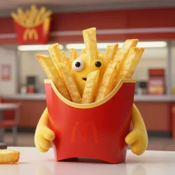the strange french fry creature at the fast food place, film still from the movie directed by denis villeneuve and david cronenberg with art direction by salvador dali, wide lens