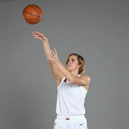 Emma Watson as a tall NBA player, throwing a ball