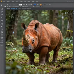 a orange one horned rhino in a forest PROMPT, XF IQ4, 150MP, 50mm, f/1.4, ISO 200, 1/160s, natural light, Adobe Photoshop, Adobe Lightroom, DxO Photolab, Corel PaintShop Pro, rule of thirds, symmetrical balance, depth layering, polarizing filter, Sense of Depth, AI enhanced