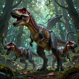 group of mutated nightmare trex, red glowing eyes, hunting in the forest. in style of greg rutkowski and hyung - tae kim, trending on artstation, grimdark fantasy, great composition, highly detailed, dynamic pose, vibrant colors, epic, 8 k, unreal engine, octane render