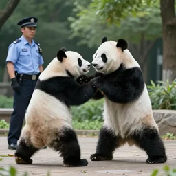 90's Professional Color Photography, Nikon, A panda fights with a policeman in a park with his bare hands., Summer
