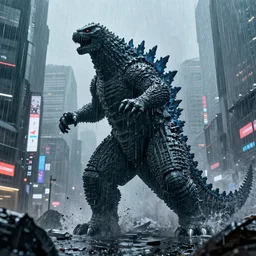 Godzilla ravages through cyberpunk Tokyo while it rains heavily,digital art