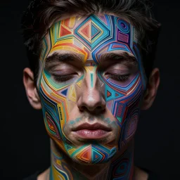 face of a man, with colorful geometric patterns, intricate, volumetric dramatic light, dark black background, sharp focus, highly realistic, art by greg rutsowski