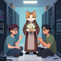 a humanoid cat - priest marries two computer nerds in the server room, digital illustration, artstation art by artgerm, lofi, nerdy, geek