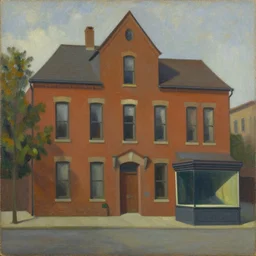 googie architecture, grant wood, pj crook, edward hopper, oil on canvas