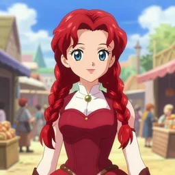 character portrait of the scarlet princess in the marketplace in the sky, color page, 4K, tone mapping, doll, Akihiko Yoshida, James_Jean_Andrei_Riabovitchev_Marc_Simonetti, Yoshitaka Amano, digital illustration, braided hair, ringlet, curls