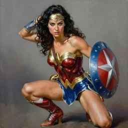 ultra realistic portrait painting of wonder woman crouched down with her shield raised in a defensive position, art by frank frazetta, 4 k, ultra realistic, highly detailed, epic lighting.
