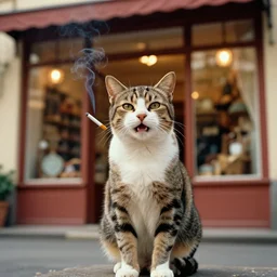 standing portrait of ecstatic quin cat looking into the camera standing smoking a cigarette, summer, warm street lights store front, 1 9 6 0 s technicolor, intricate, moody, personal, highly detailed, short focus depth, donato giancola, joseph christian leyendecker, frank frazetta, alex horley, ralph horsley, michael whelan, 2 0 0 mm focal length