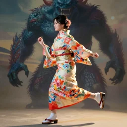 photo, young woman running from monster, high heels, colorful kimono