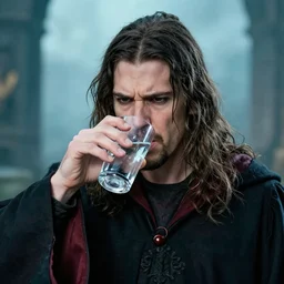 face of a frustrated wizard drinking water