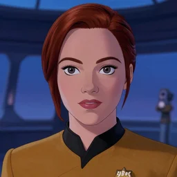 a disney film still of emma stone as a star trek officer, finely detailed features, closeup of the face, perfect art, dusk, blue hour, on the bridge of the enterprise, gapmoe yandere grimdark, trending on pixiv fanbox, painted by greg rutkowski makoto shinkai takashi takeuchi greg rutkowski, alphonse mucha, akihiko yoshida