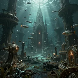 An abandoned city center under water, horror, liminal, hyper detailed, dramatic lighting, CGsociety, realistic, fish, hyper detailed, insane details, intricate, dramatic lighting, hypermaximalist, golden ratio, rule of thirds, octane render, weta digital, micro details, ultra wide angle, Artstation trending, 8k,