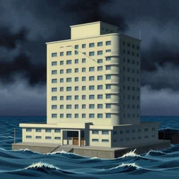 a psychedelic hallucination of a brutalist hotel in the stormy ocean, by kawase hasui, moebius, edward hopper, colorful flat surreal design, dramatic lighting, hd, 8 k, artstation