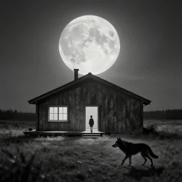 minimalistic house in the wood, big moon, walking boy, black wolf, artwork by Rene Magritte, night, pinhole analogue photo quality, monochrome, blur, unfocus, cinematic, 35mm