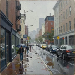 painting of a rainy city view painted in the style of Jackson Pollack, with lots of scumbling, scumbled thick oil paint, oily high relief, shiny and painted in a style of painting similar to Van Gogh but more impasto and less hatching