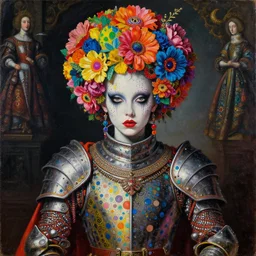 portrait of a medieval warrior yayoi kusama, goth punk, floral flowers, rainbow colors, surreal, a flemish baroque by alexander mcqueen, art by john collier by greg rutkowski and craig mullins, oil on canvas