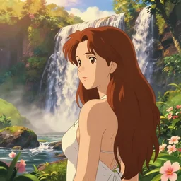an epic makoto shinkai and renoir landscape with a hawaiian waterfall, golden hour, 🌺, a beautiful woman with long chestnut hair, ultra smooth, octane render, lois van baarle, ilya kuvshinov