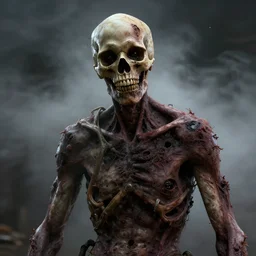 zombie with missing skin only skull fog behind him, beautiful detailed intricate insanely detailed octane render, 8k artistic photography, photorealistic, chiaroscuro, by David Cronenberg, Raphael, Caravaggio