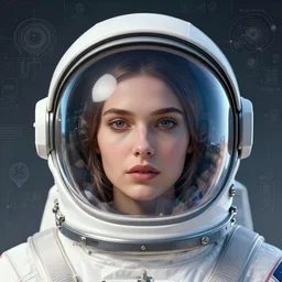 retrofuturistic portrait of a woman in astronaut helmet, smooth transparent visor, reflective gradient, detailed space graphics in background, close up, quint buchholz, wlop, dan mumford, artgerm, liam brazier, peter mohrbacher, raw, featured on artstation, octane render, cinematic, elegant, intricate, 8 k