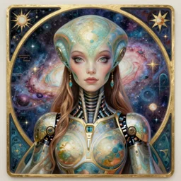 detailed realistic beautiful young cher alien robot as queen of andromeda galaxy portrait by jean delville, gustave dore and marco mazzoni, art nouveau, symbolist, visionary, baroque, giant fractal details. horizontal symmetry by zdzisław beksinski, iris van herpen, raymond swanland and alphonse mucha. highly detailed, hyper - real, beautiful!!