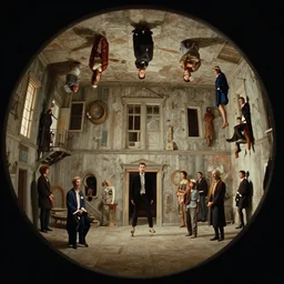 the people inside the upside down house, film still from the movie directed by denis villeneuve and david cronenberg, with art direction by salvador dali, wide lens