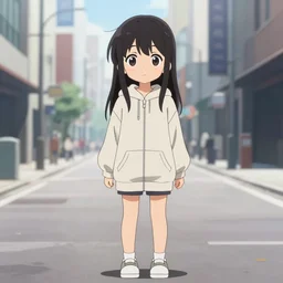 anime visual, portrait of a young black haired girl wearing hoodie on the detailed city street background, one person, cute face by yoh yoshinari, katsura masakazu, studio lighting, full body shot, strong silhouette, zoom out, ilya kuvshinov, cel shaded, crisp and sharp, rounded eyes, bright daylight, one person only