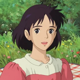 portrait of a woman having a picnic in a lush park, ilya kuvshinov face, highly detailed, cel shading, digital painting, anime key visual, artwork by hayao miyazaki and alphonse mucha