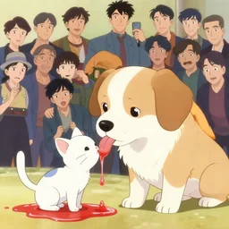 anime cell shaded, anime cute dog licking a cute kitten in a red liquid, wlop, ilya kuvshinov, artgerm, krenz cushart, greg rutkowski, hiroaki samura, range murata, james jean, katsuhiro otomo, erik jones