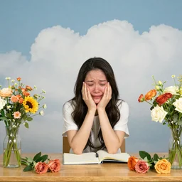 young lady sits at the desk and cries, many flowers around, clouds, color photo by Weegee
