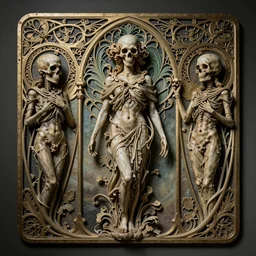 detailed realistic memento mori by theresa jenellen, gothic ornament, skulls, bones, art nouveau, neogothic, ornate art nouveau botanicals, horizontal symmetry
