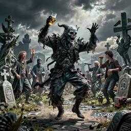 hyper realistic photography of drunk dancing ghoul in graveyard brom, mucha, moebius, craig mullins, burningman artstation cgsociety