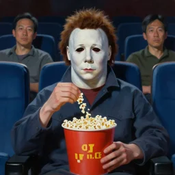 painting of Michael Myers sitting in a row of movie theater seats eating popcorn, sharp focus, face focused, trending on ArtStation, masterpiece, by Greg Rutkowski, by Ross Tran, by Fenghua Zhong, octane, soft render, oil on canvas, moody lighting, high contrast, dark room, cinematic, professional environmental concept art