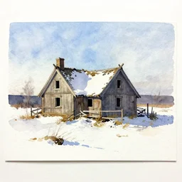 small centered on watercolor paper, paint brush strokes, abstract watercolor painting of ancient viking house ruins in snow, daylight, blue sky, cinematic light, national romanticism by hans dahl, by jesper ejsing, by anders zorn, by kdksdks, by greg manchess, by tyler edlin