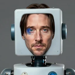keanu reeves as a square headed robot, closeup portrait by greg rutkowski, realistic face, digital art,