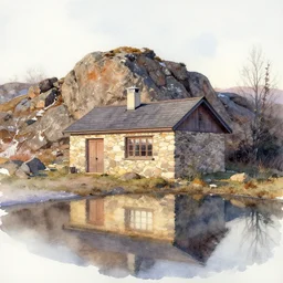 watercolor painting of cabin by rocky hill, reflective, stone walls, winter, sunlight, morning, ambient lighting, art by hand dahl