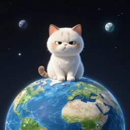 A grumpy cat sitting on the top of planet earth in space, digital art by David McLeod, trending on artstation