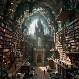 Klementinum National Library. Cavernous. Floating platforms. in cyberpunk style by Vincent Di Fate