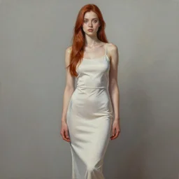 ultra realist soft painting of a single beautiful female in a full long curvy slim dress, thin long auburn hair,  symmetry accurate features, very intricate details, volumetric lighting, by Tom Bagshaw