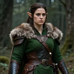 anya charlota as a medieval fantasy wood elf, dark brown hair tucked behind ears, wearing a green tunic with a fur lined collar and brown leather armor, stocky, muscular build, scar across nose, one black, scaled arm, cinematic, character art, digital art, forest background, realistic. 4 k
