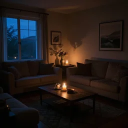 dark dim dreamy living room, candlelight glow, dusk, shadows