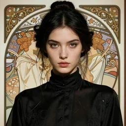 portrait 6 0 - year - old woman, tall, severe - looking, with dark hair tied up in a bun, wearing in black clothes, hyper realistic face, beautiful eyes, fantasy art, in the style of greg rutkowski, intricate, alphonse mucha, hyper detailed, smooth
