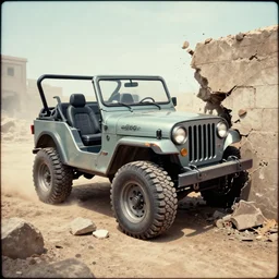 futuristic jeep breaking a wall, epic digital fantasy style beeple, soft light photographed on expired color film