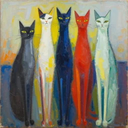 contemporary semi abstract acrylic painting of really tall cats by rothko, by greg rutkowski, kessler art, thick brush strokes and visible paint layers, multicolor color scheme
