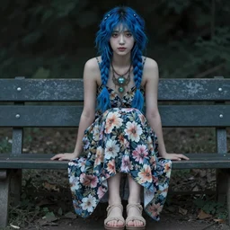 dslr photo of a pretty young woman with blue hair, small braids in hair, sitting on a bench wearing a flower skirt, and body and wearing hemp sandals and a very detailed faerie necklace around neck, artgerm, artstation, very high quality face, extremely high quality, moody lighting, real camera, real photo, photography by deviantart, 8 k, full subject in shot