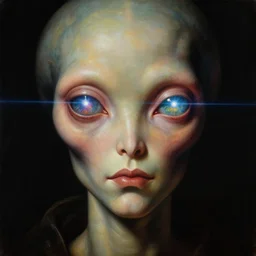 a baroque close - up portrait of a cosmic alien fantasy cyborg god with colorful laser eyes. black background. studio lighting, big eyes. highly detailed science fiction fantasy painting by norman rockwell, moebius, frank frazetta, syd mead, and sandro botticelli. high contrast. renaissance masterpiece. artstation.
